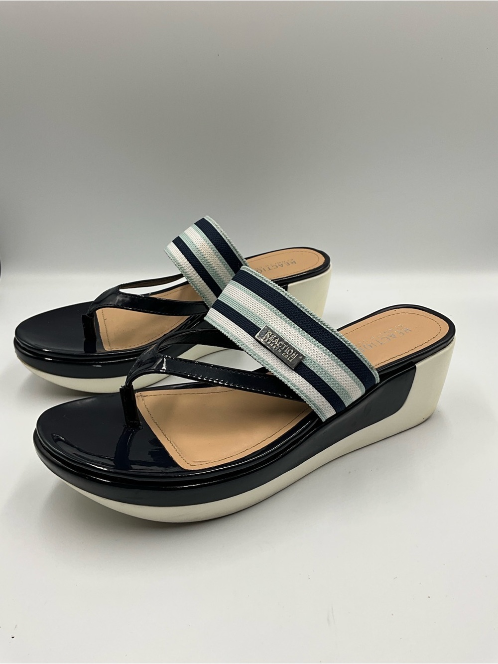 Kenneth Cole Sandals Size 9.5 Navy and White Striped Wedge Sandals